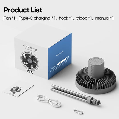 Rechargeable Camping Fan with Tripod Stand and LED Light